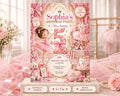 The image is a birthday party invitation featuring a young girl in a pink tutu and ballet slippers, surrounded by pink flowers and other decorative elements.