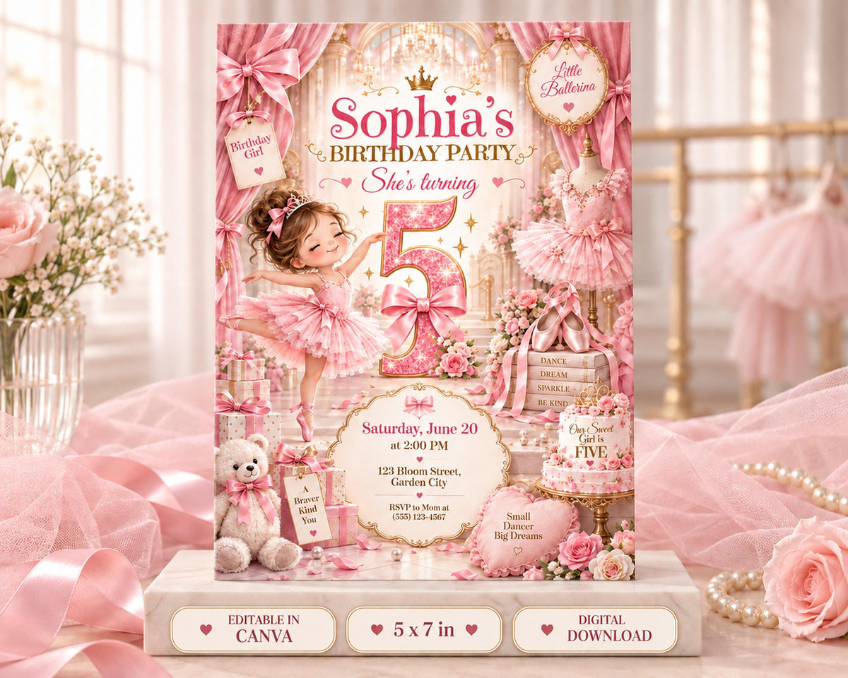 The image is a birthday party invitation featuring a young girl in a pink tutu and ballet slippers, surrounded by pink flowers and other decorative elements.