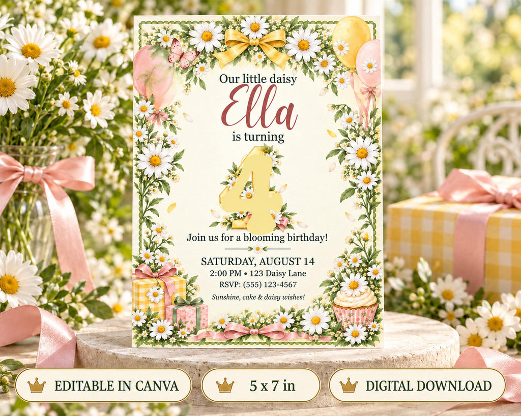 The image is a birthday invitation for a little girl named Ella, featuring a floral border and a number 4 on the front. The invitation is set against a backdrop of white and yellow flowers, and there are gift boxes and a vase of flowers visible in the background.