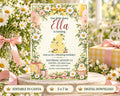 The image is a birthday invitation for a little girl named Ella, featuring a floral border and a number 4 on the front. The invitation is set against a backdrop of white and yellow flowers, and there are gift boxes and a vase of flowers visible in the background.