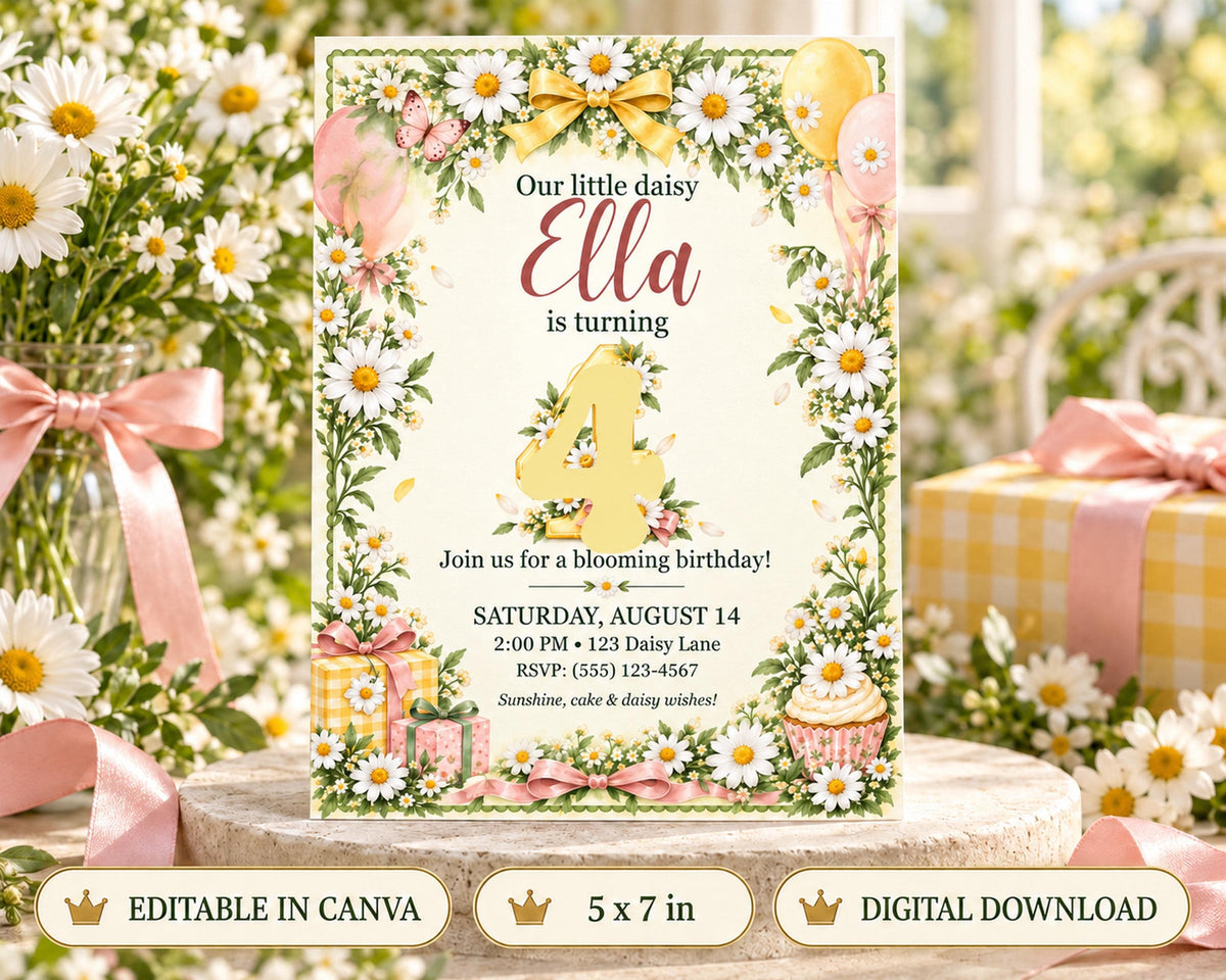 The image is a birthday invitation for a little girl named Ella, featuring a floral border and a number 4 on the front. The invitation is set against a backdrop of white and yellow flowers, and there are gift boxes and a vase of flowers visible in the background.