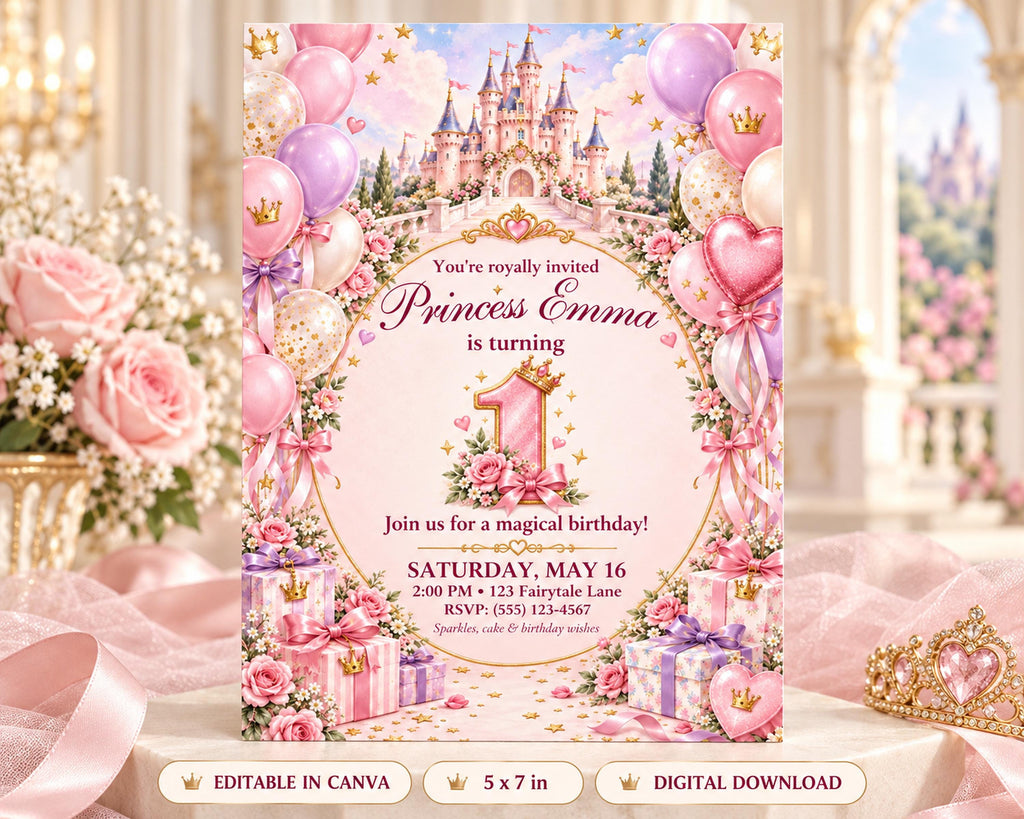 A pink and gold princess-themed birthday invitation for a girl named Emma, with a castle and balloons as the central design elements.