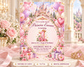 A pink and gold princess-themed birthday invitation for a girl named Emma, with a castle and balloons as the central design elements.
