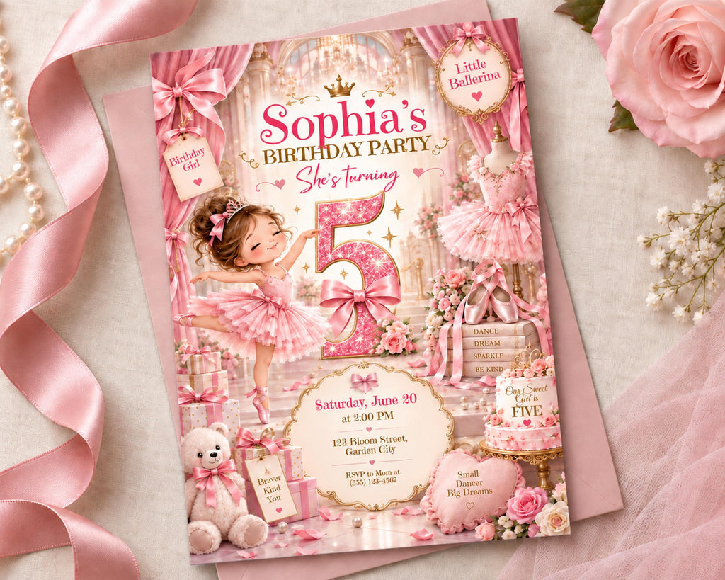 The image is a birthday party invitation featuring a young girl in a pink tutu, surrounded by various elements such as flowers, ribbons, and a crown.