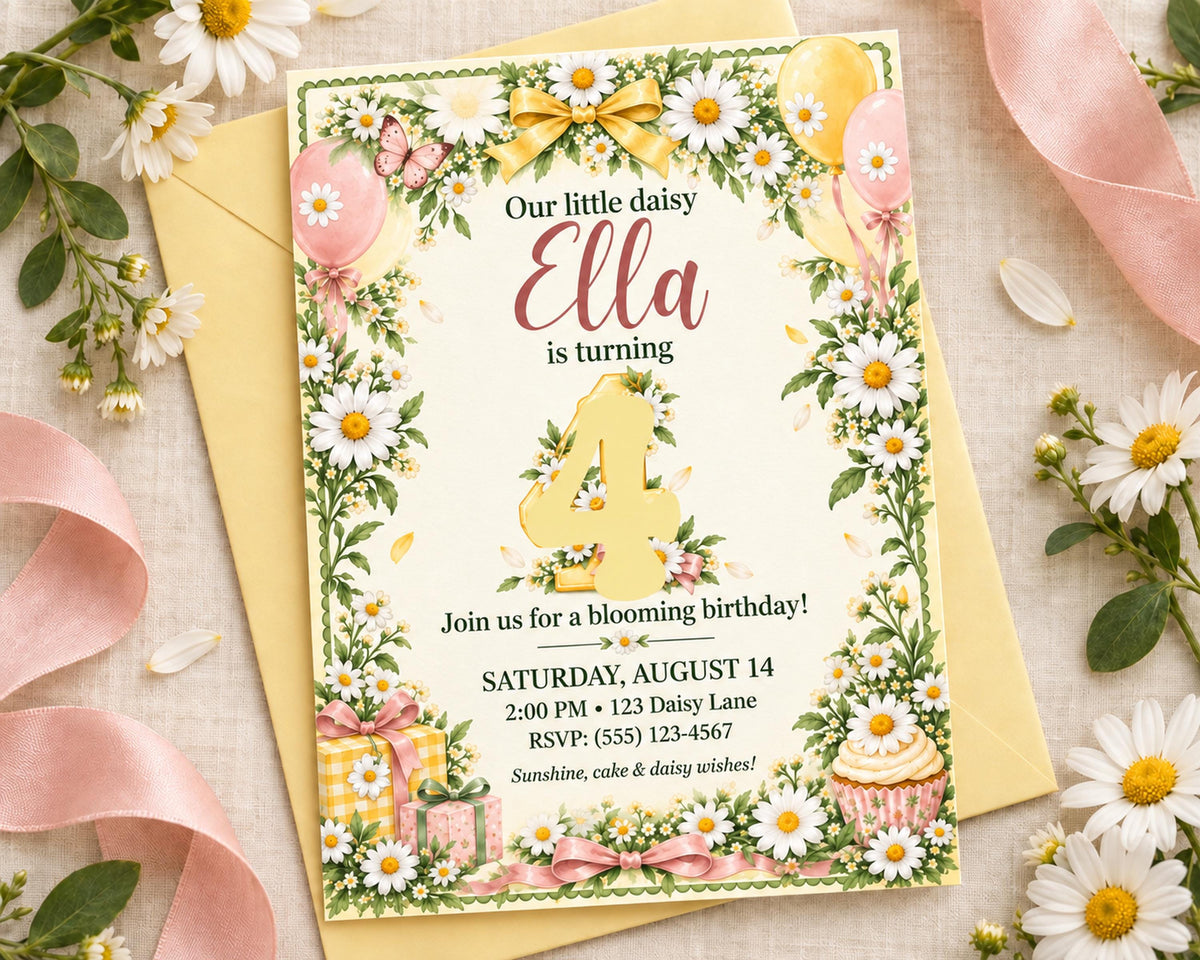 A birthday invitation for a little girl named Ella, featuring a floral border, balloons, and a cake illustration.