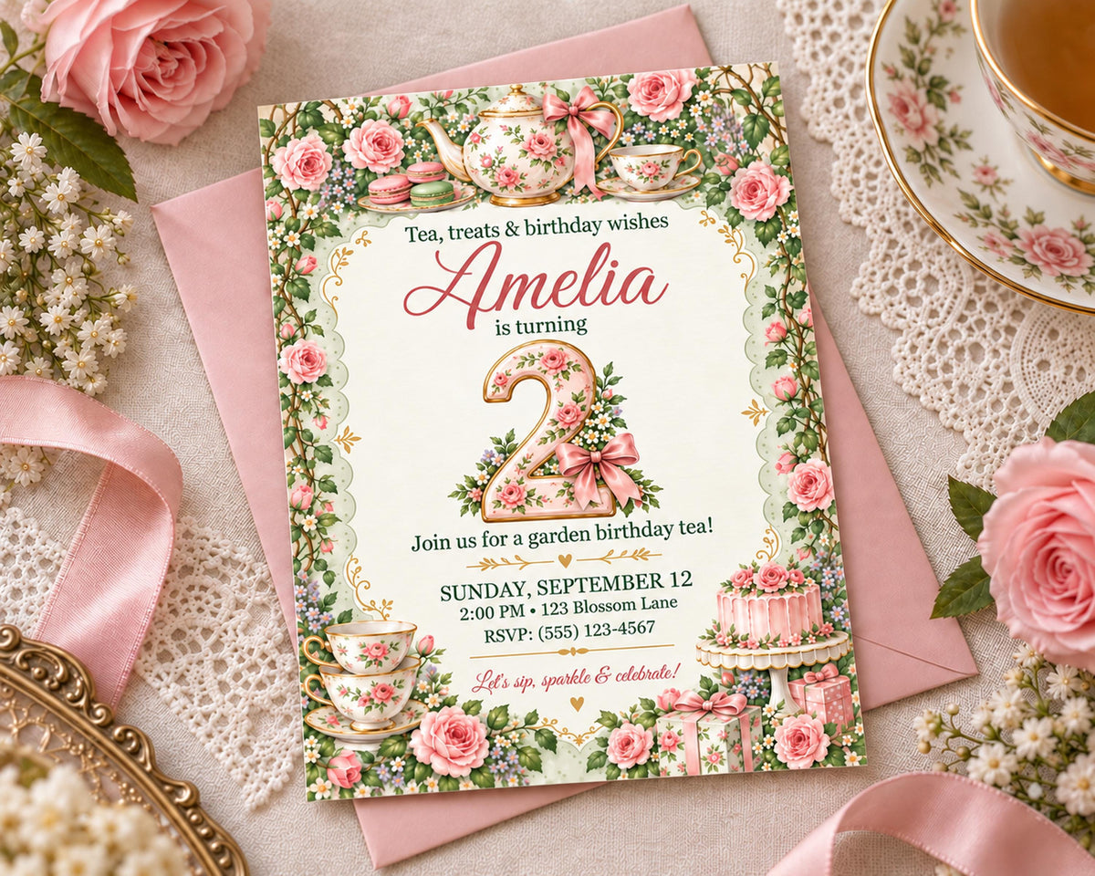A birthday invitation for a girl named Amelia, featuring a floral design with teacups, roses, and a cake. The invitation is set on a pink lace tablecloth, with a teacup and saucer visible in the background.