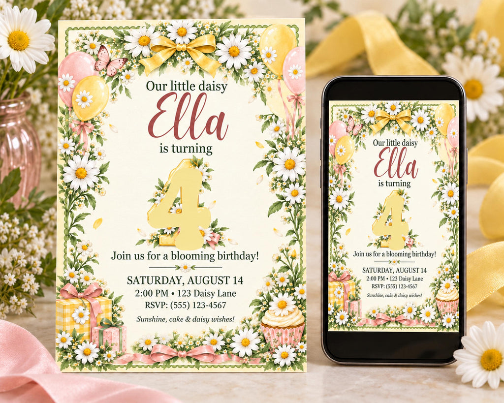 a birthday invitation for a little girl named Ella, with a floral border and a balloon design. The invitation is for her 4th birthday and includes details about the event, such as the date, time, location, and RSVP information.