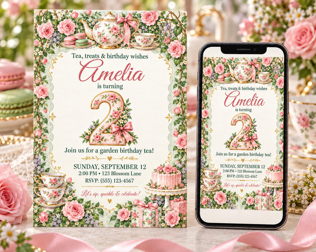 a birthday invitation for a girl named Amelia, with a floral design and a teapot theme. The invitation is for a garden birthday tea party, and it includes details about the event, such as the date, time, location, and RSVP instructions.