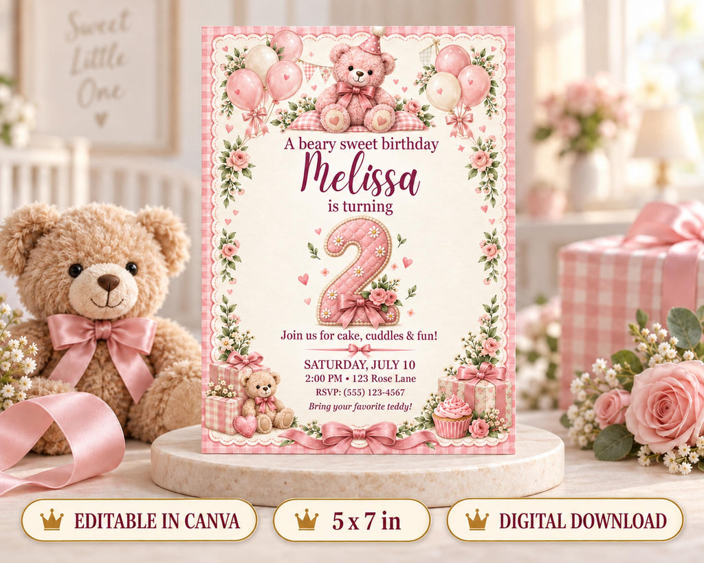 A pink and white birthday invitation for a girl named Melissa, featuring a teddy bear, balloons, and a cake.