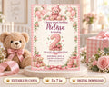 A pink and white birthday invitation for a girl named Melissa, featuring a teddy bear, balloons, and a cake.