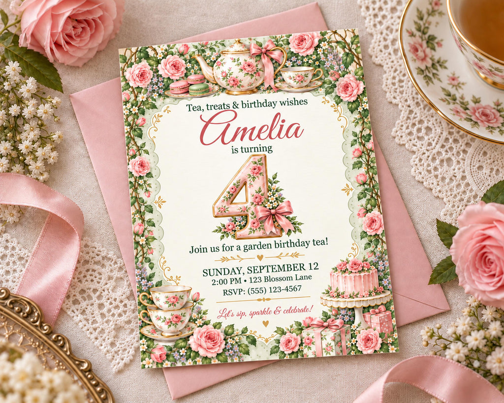 A birthday invitation for a girl named Amelia, featuring a floral design with roses, tea cups, and a cake. The invitation is placed on a pink surface with a lace doily, and there is a teacup and saucer nearby.