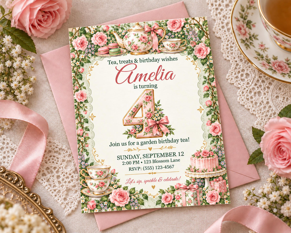 A birthday invitation for a girl named Amelia, featuring a floral design with roses, tea cups, and a cake. The invitation is placed on a pink surface with a lace doily, and there is a teacup and saucer nearby.