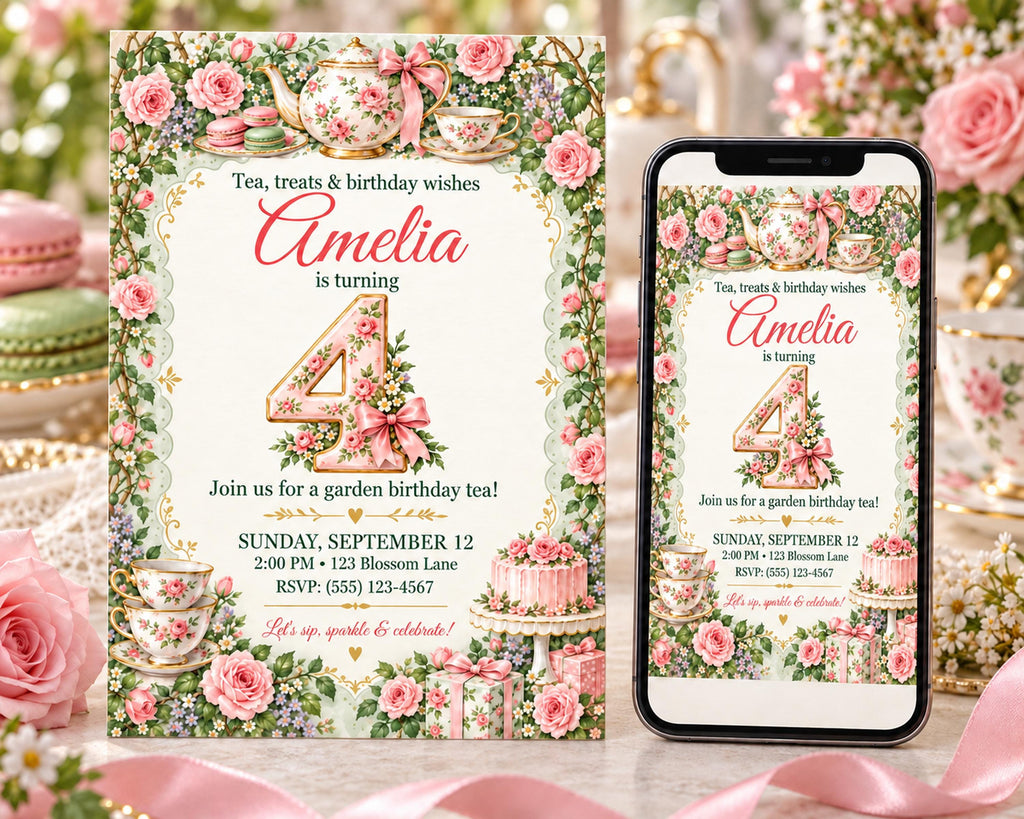 a birthday invitation for a girl named Amelia, with a floral design and a teapot theme. The invitation is for a garden birthday tea party, and it includes details about the event, such as the date, time, location, and RSVP information.