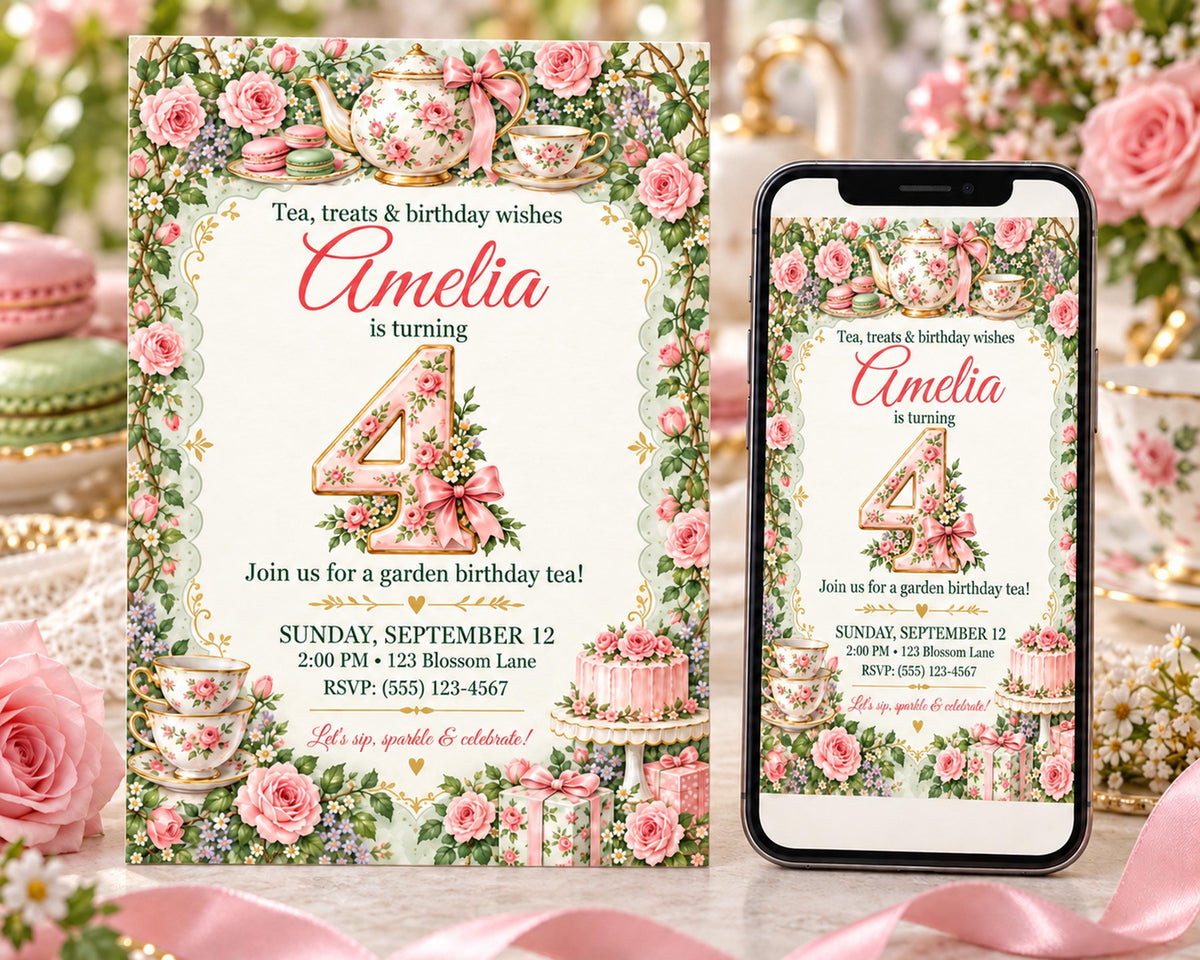 a birthday invitation for a girl named Amelia, with a floral design and a teapot theme. The invitation is for a garden birthday tea party, and it includes details about the event, such as the date, time, location, and RSVP information.