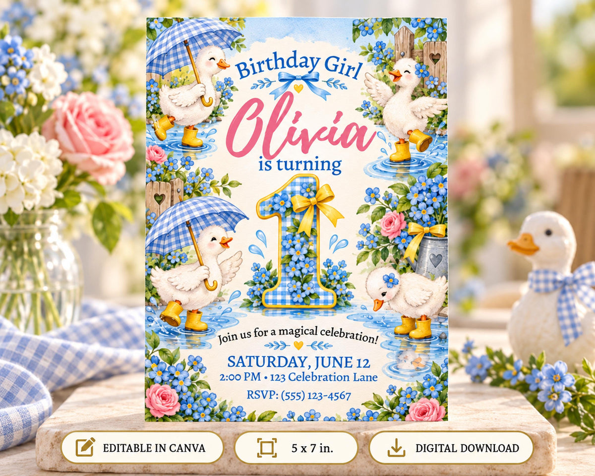 A birthday invitation for a girl named Olivia, featuring illustrations of ducks and flowers, with a blue and white color scheme.
