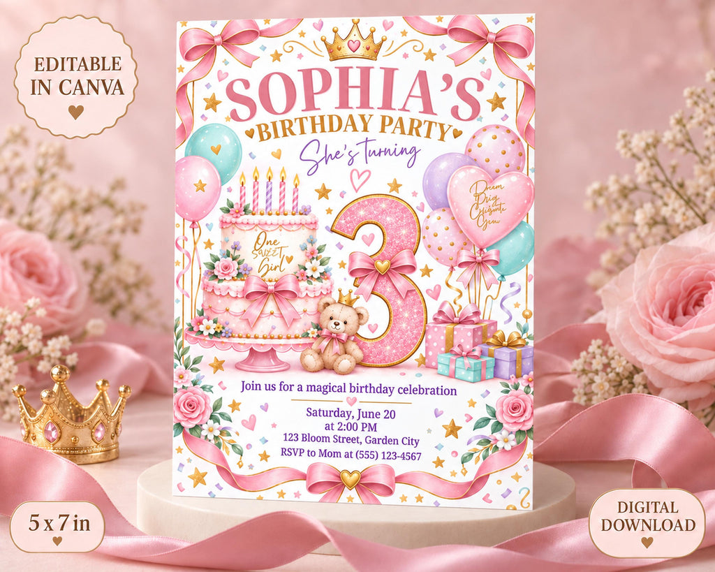 The image is a birthday party invitation for a girl named Sophia, featuring a pink and white color scheme with various decorative elements such as balloons, a cake, and a crown.