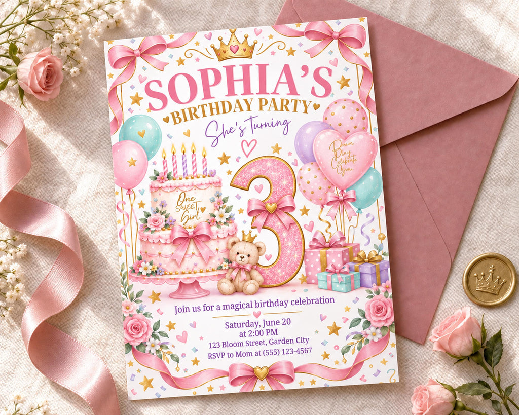 The image is a birthday party invitation for a girl named Sophia, featuring a pink and white color scheme with various decorative elements such as balloons, flowers, and a teddy bear.