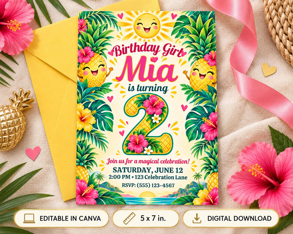 A colorful birthday invitation for a girl named Mia, featuring tropical elements such as pineapples, flowers, and palm leaves.