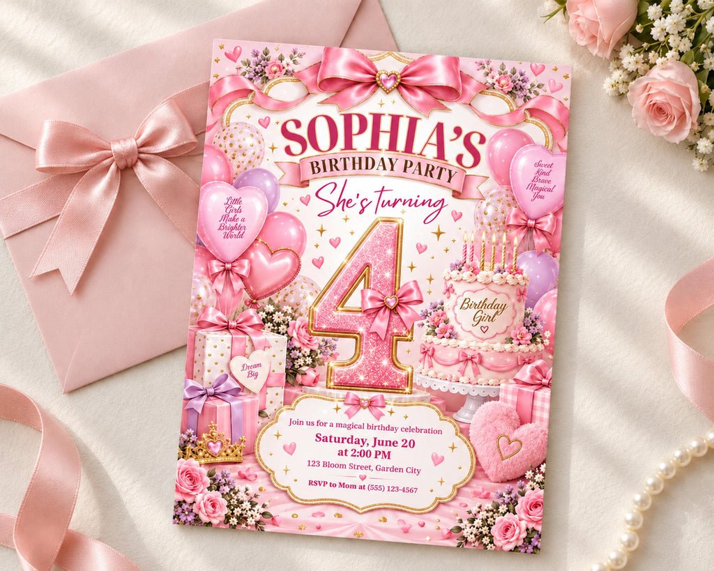 The image is a birthday party invitation for a girl named Sophia, featuring a pink and white color scheme with various decorations such as balloons, cakes, and flowers.