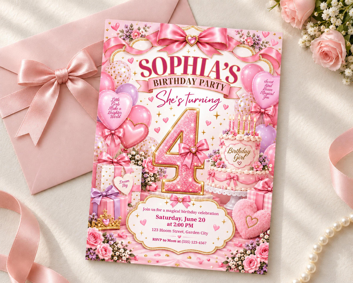 The image is a birthday party invitation for a girl named Sophia, featuring a pink and white color scheme with various decorations such as balloons, cakes, and flowers.