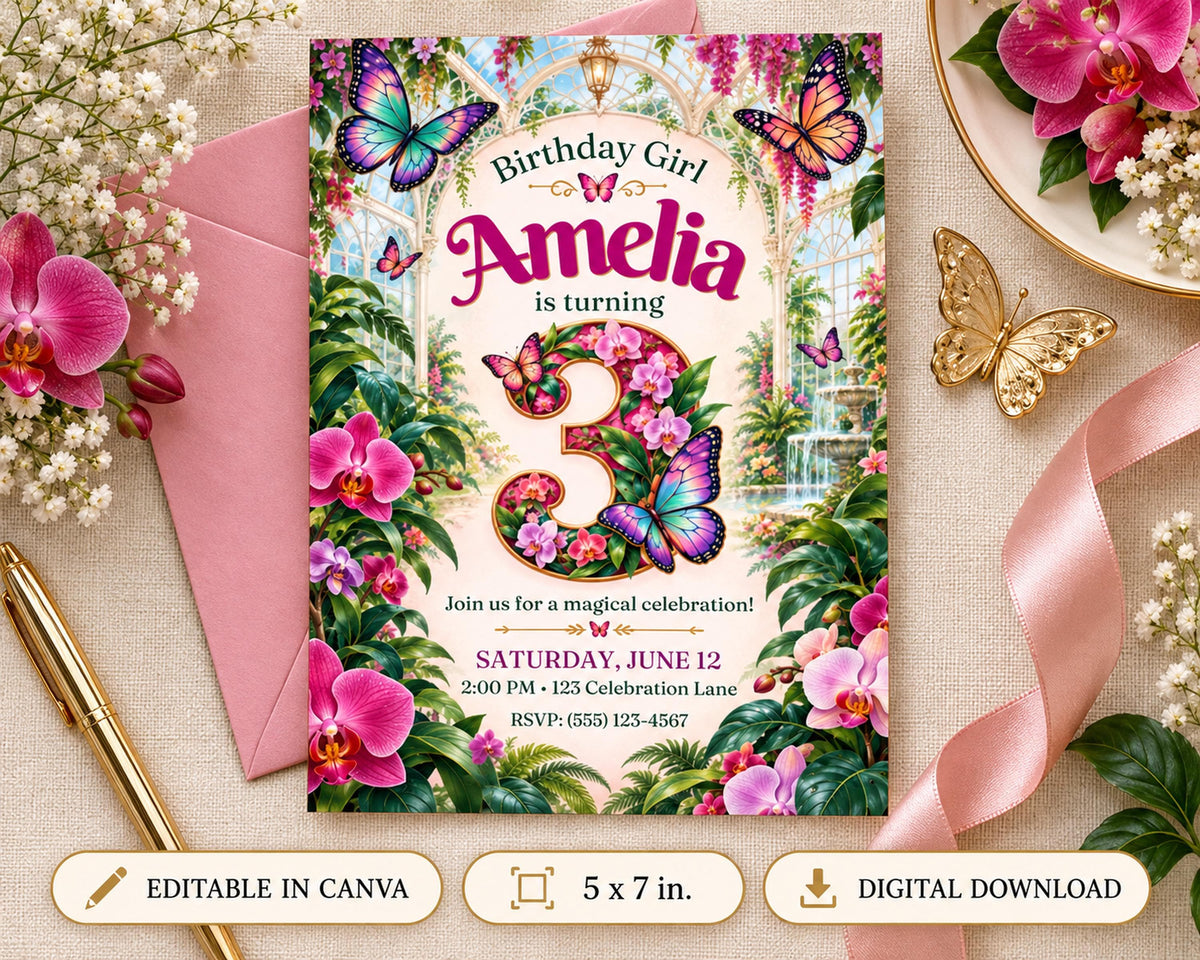 The image is a birthday invitation for a girl named Amelia, featuring a tropical theme with butterflies, flowers, and a number 3.