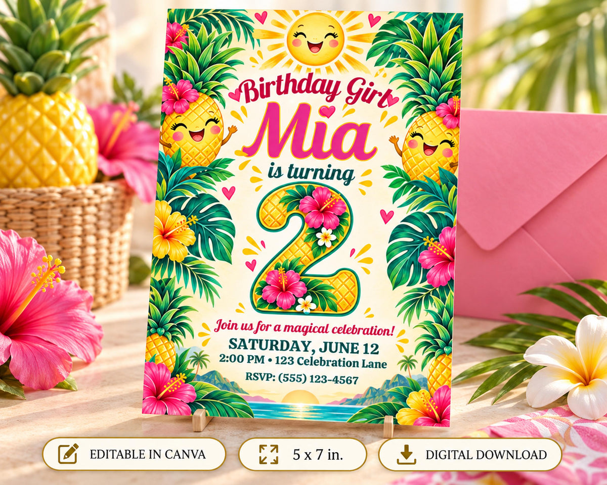 A colorful birthday invitation for a girl named Mia, featuring tropical flowers and a sun design.