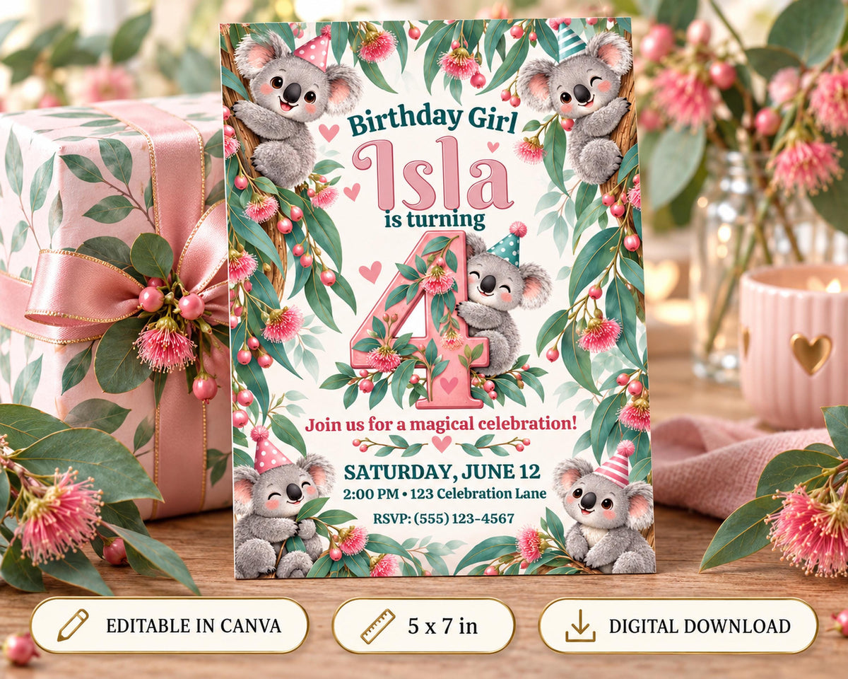 A birthday invitation featuring a koala theme, with the text "Birthday Girl Isla is turning 4" and details about a magical celebration on Saturday, June 12 at 2:00 PM at Celebration Lane.