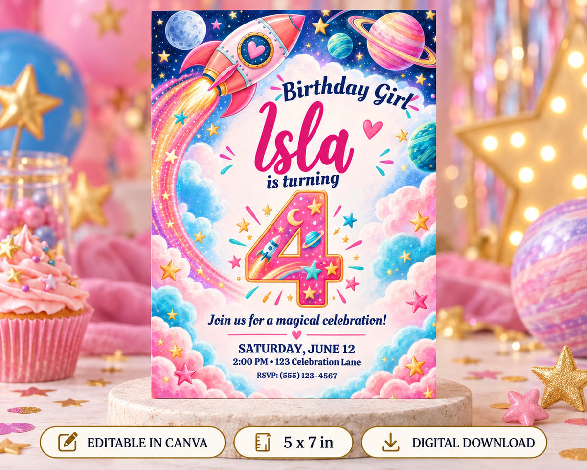 Birthday invitation for a girl named Isla, celebrating her 4th birthday with a space theme, stars, and a rocket ship.