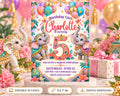 The image is a birthday invitation for a girl named Charlotte, featuring elephants and colorful balloons.