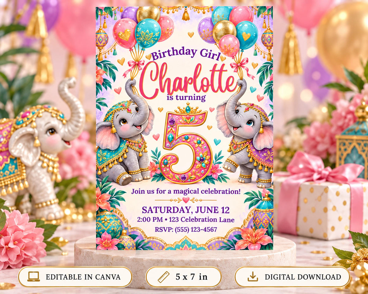 The image is a birthday invitation for a girl named Charlotte, featuring elephants and colorful balloons.