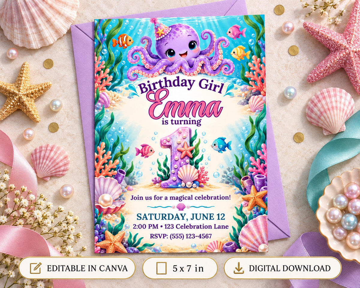 The image is a birthday invitation featuring an underwater theme with an octopus, fish, and seashells. The invitation is for a girl's birthday party and includes details about the event, such as the date, time, location, and RSVP information.
