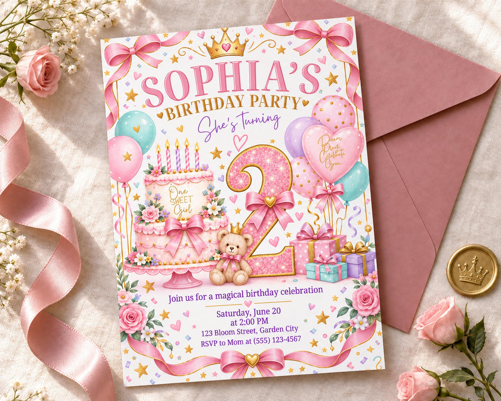 The image is a birthday party invitation for a girl named Sophia's birthday party. It features a pink and white color scheme with various decorations such as balloons, a teddy bear, and a cake. The invitation invites guests to a magical birthday celebration on Saturday, June 20 at 2:00 PM at 123 Bloom Street, Garden City. RSVP to Mom at (336) 524-4967.