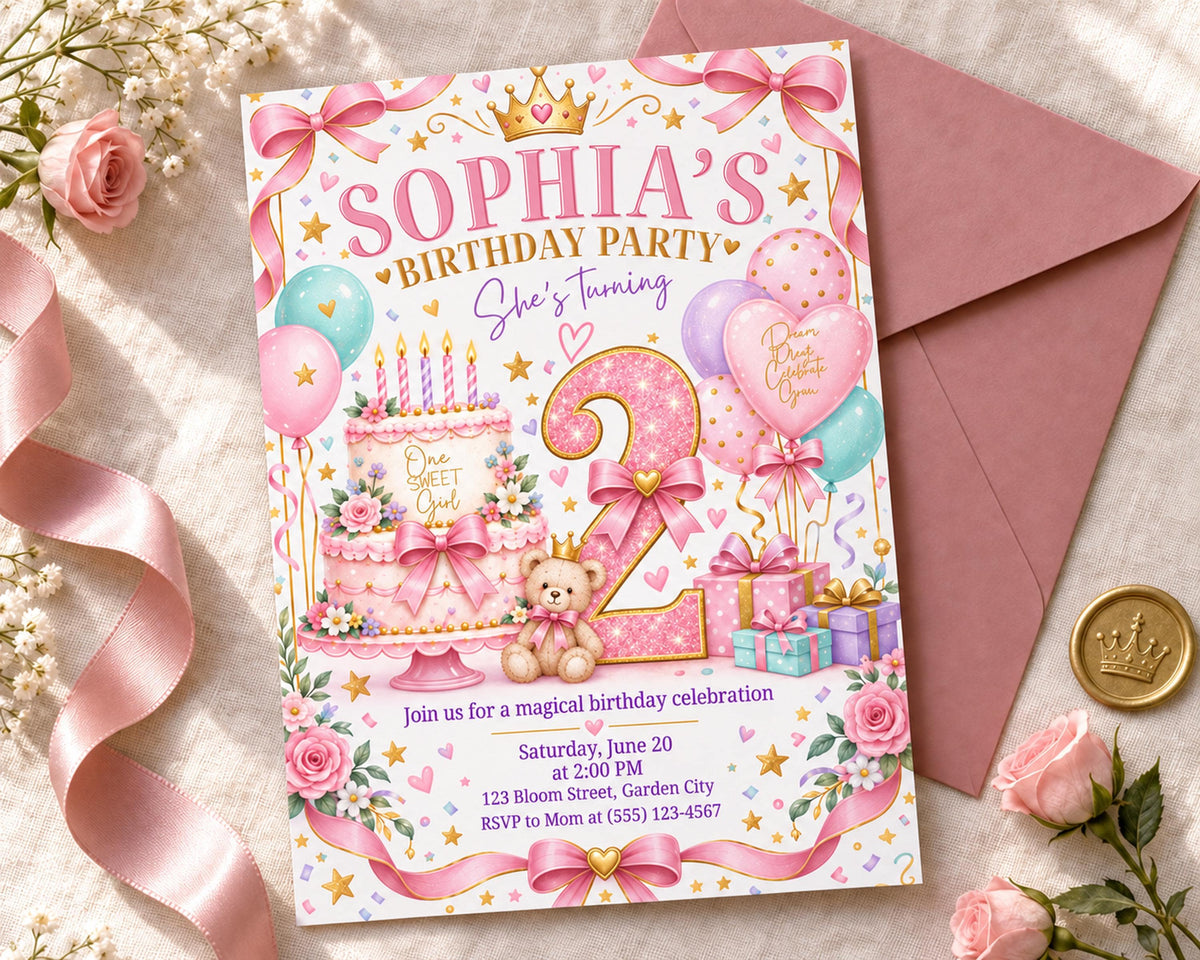 The image is a birthday party invitation for a girl named Sophia's birthday party. It features a pink and white color scheme with various decorations such as balloons, a teddy bear, and a cake. The invitation invites guests to a magical birthday celebration on Saturday, June 20 at 2:00 PM at 123 Bloom Street, Garden City. RSVP to Mom at (336) 524-4967.