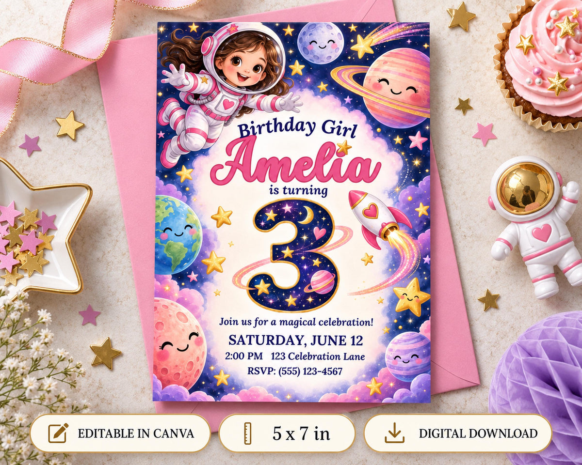 Birthday invitation for a girl named Amelia, featuring a space theme with planets, stars, and a rocket ship.