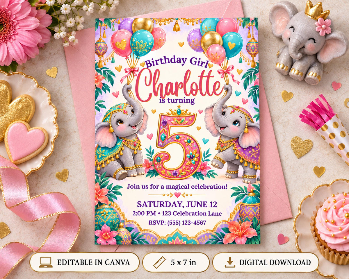 The image is a birthday invitation for a girl named Charlotte, featuring elephants and balloons, along with other birthday decorations and treats.