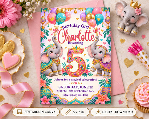 The image is a birthday invitation for a girl named Charlotte, featuring elephants and balloons, along with other birthday decorations and treats.