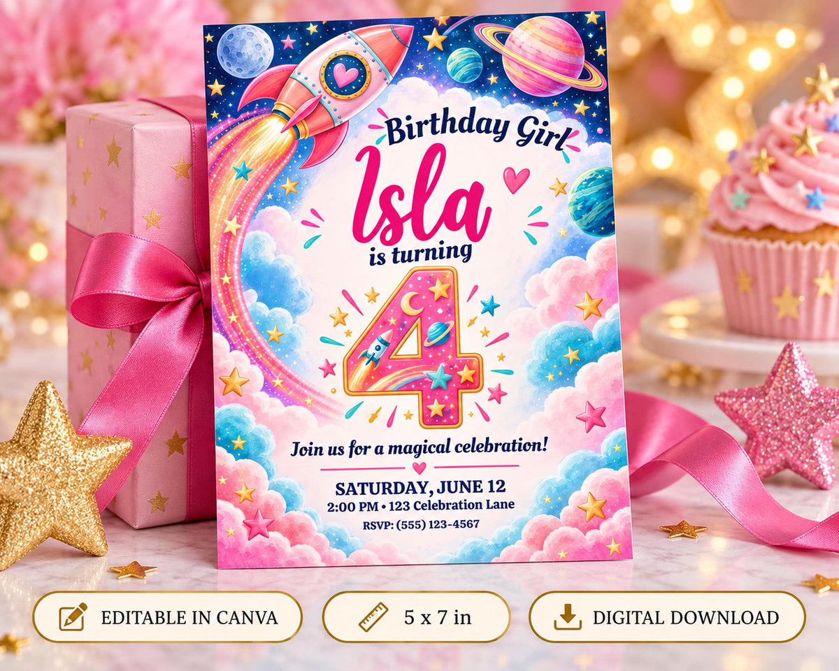 Birthday invitation for a girl named Isla turning 4, featuring a rocket ship, stars, and a pink cupcake.