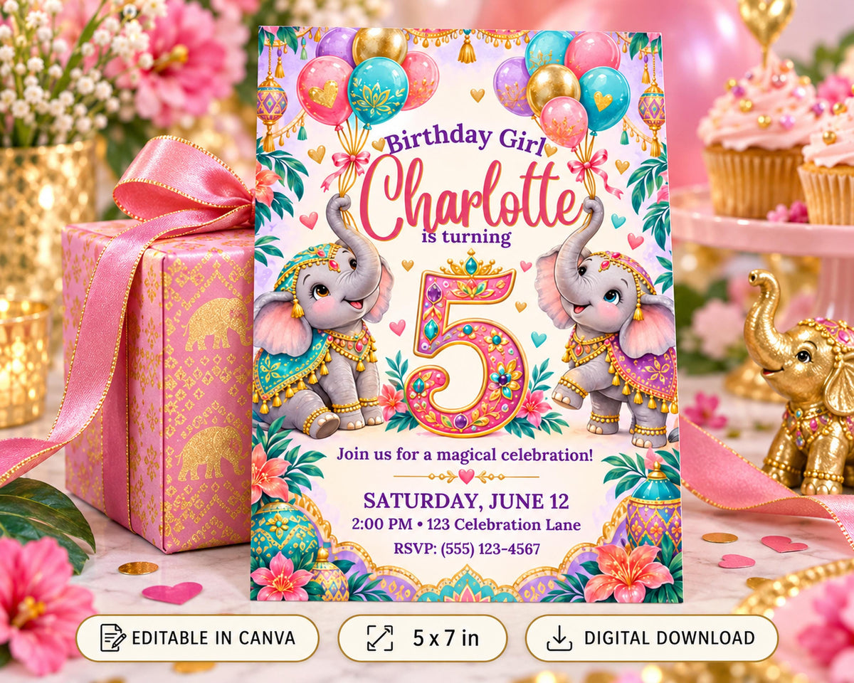 A birthday party invitation featuring two elephants and the number 5, with a pink and gold color scheme and decorative elements such as balloons and flowers.