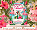 The image is a birthday invitation for a girl named Olivia, featuring a tropical theme with pink flamingos, flowers, and a beach scene.