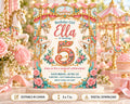 A birthday invitation for a girl named Ella, featuring a carousel theme with pink and gold decorations, roses, and horses.