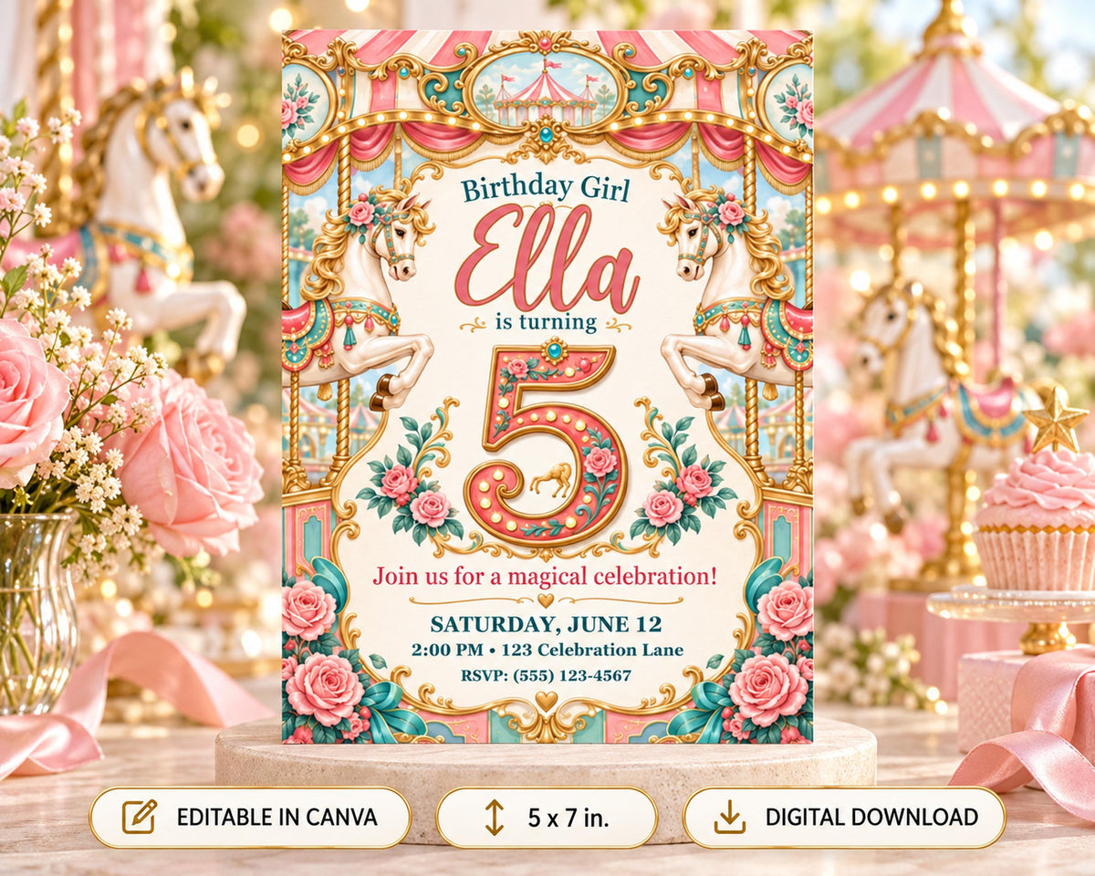 A birthday invitation for a girl named Ella, featuring a carousel theme with pink and gold decorations, roses, and horses.