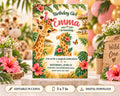 A giraffe-themed birthday invitation for a girl named Emma, celebrating her first birthday.