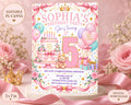 The image is a birthday party invitation for a girl named Sophia, who is turning 5 years old. The invitation features a pink and white color scheme with various decorative elements such as balloons, flowers, and a crown.
