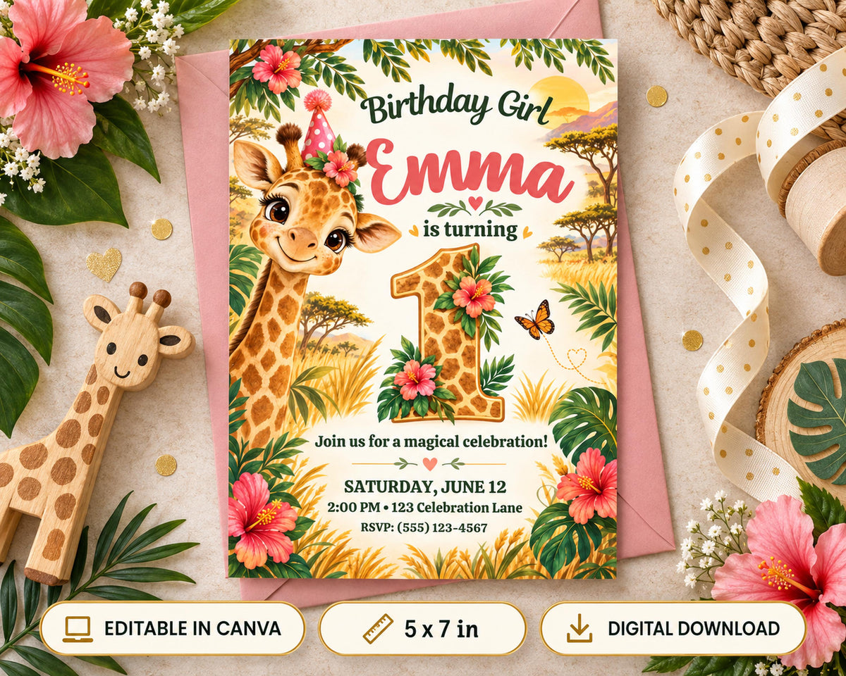 The image is a birthday invitation for a giraffe named Emma, celebrating her first birthday. The invitation features a giraffe and tropical foliage, along with the text "Birthday Girl Emma is turning 1" and the date and time of the party. The invitation also includes details about the event, such as the location, time, and RSVP information.