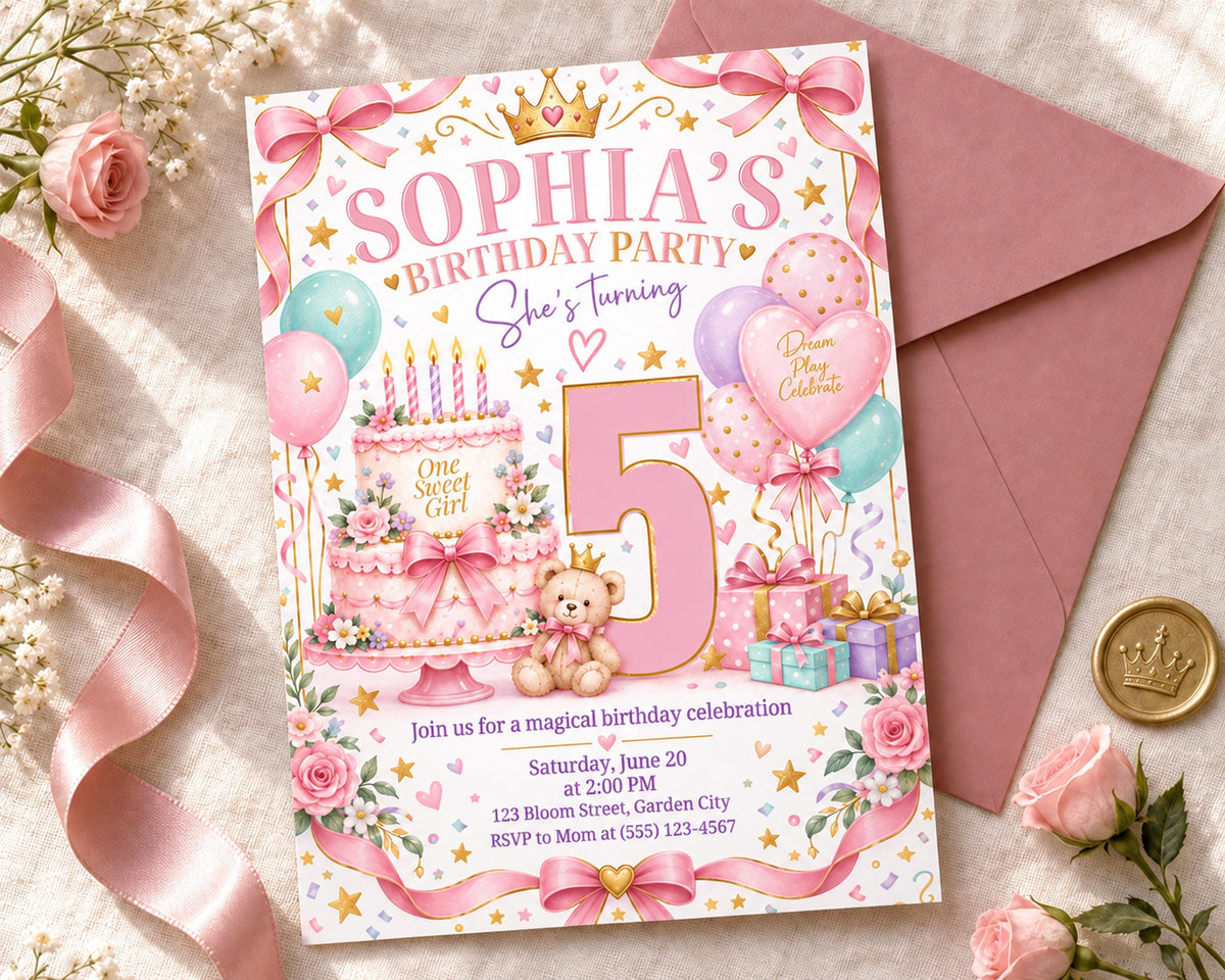 The image is a birthday party invitation for a girl named Sophia, featuring a pink and white color scheme with various decorations such as balloons, a cake, and a teddy bear.