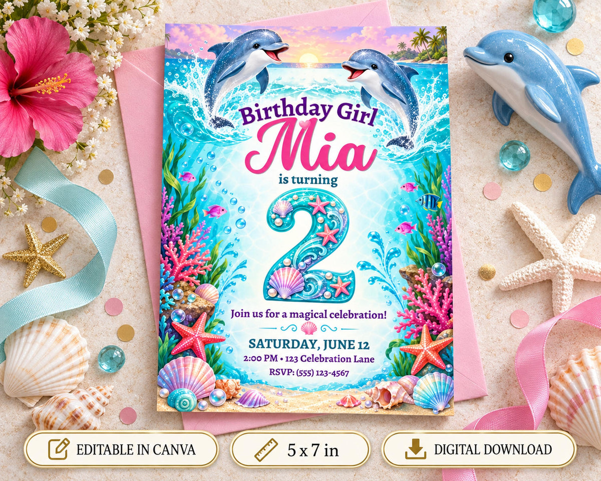 Birthday invitation for a girl named Mia, featuring a mermaid theme with dolphins, seashells, and starfish.