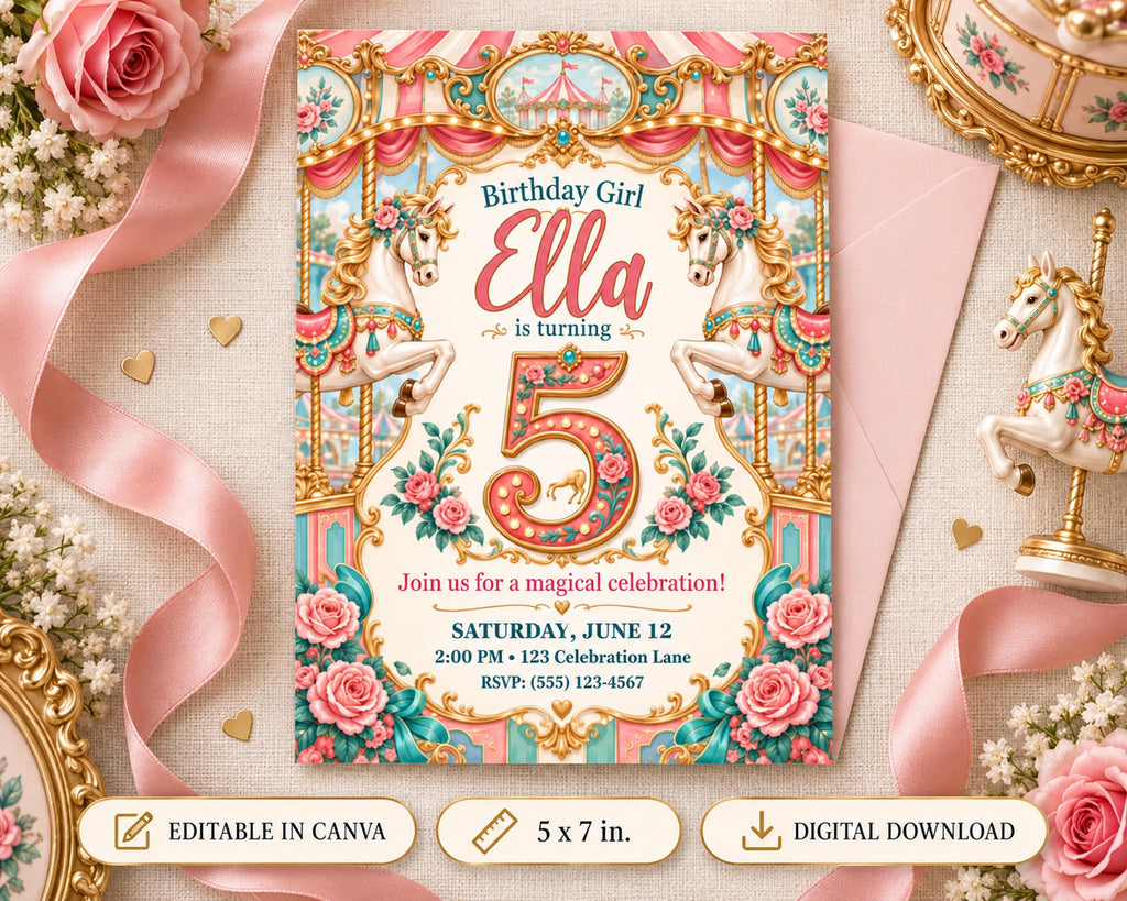 A birthday invitation for a girl named Ella, featuring a carousel theme with pink and gold decorations, roses, and a pink ribbon.