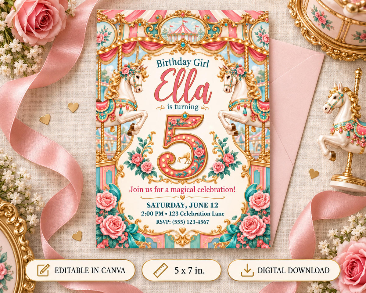 A birthday invitation for a girl named Ella, featuring a carousel theme with pink and gold decorations, roses, and a pink ribbon.