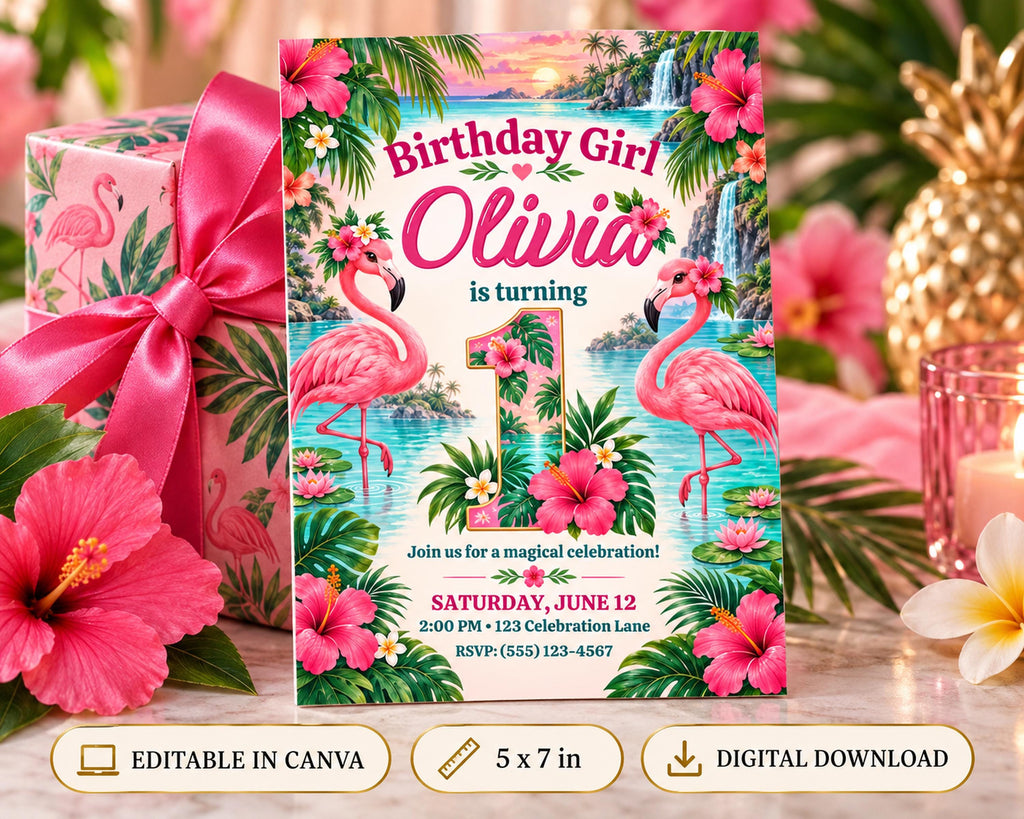 A birthday party invitation for a girl named Olivia, featuring a tropical theme with pink flamingos, flowers, and palm trees.