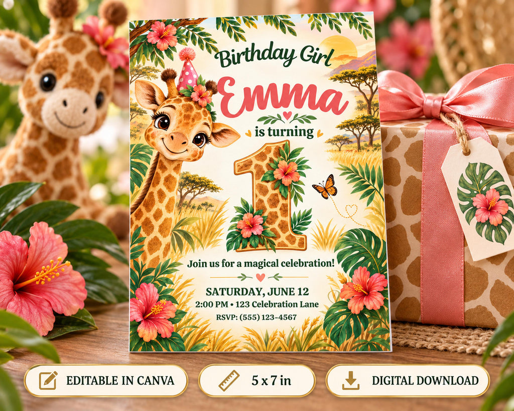 The image is a birthday invitation for a giraffe named Emma, which features a giraffe, flowers, and a sun. The invitation is for a magical celebration on Saturday, June 12th at 2:00 PM at 125- Celebration Lane.